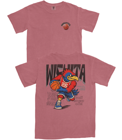 Red t-shirt with a cartoon rooster holding a basketball and 'Wichita' text on a white background