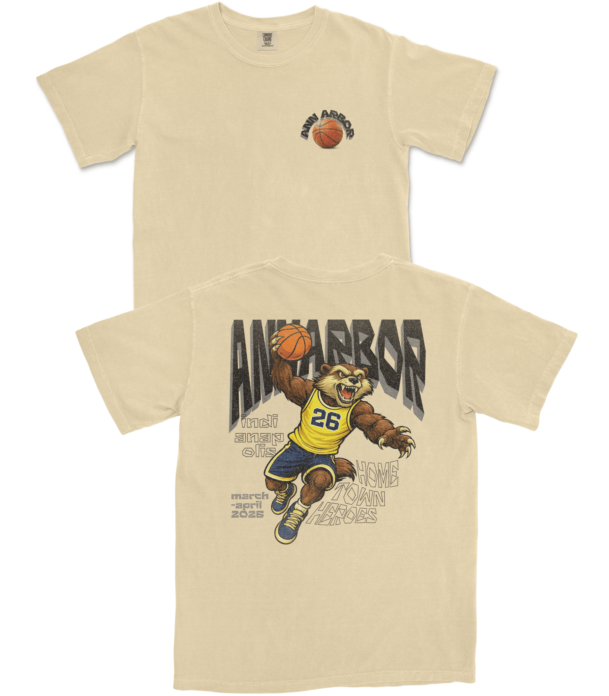 Beige t-shirt with a bear holding a basketball graphic and text on a white background