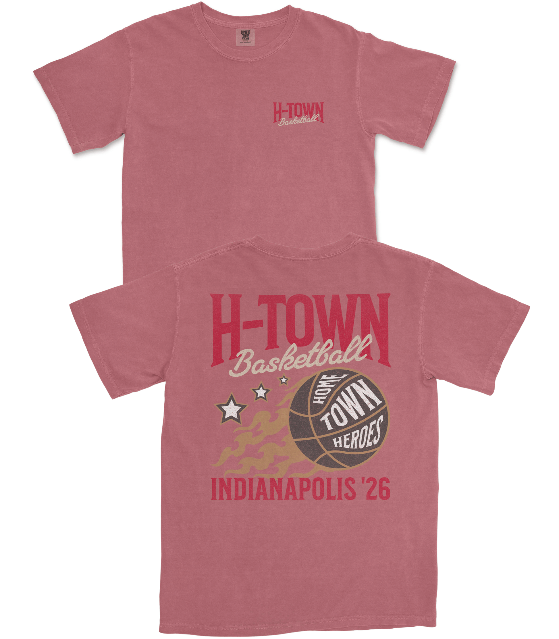 Red t-shirt with 'H-Town Basketball' design on a white background
