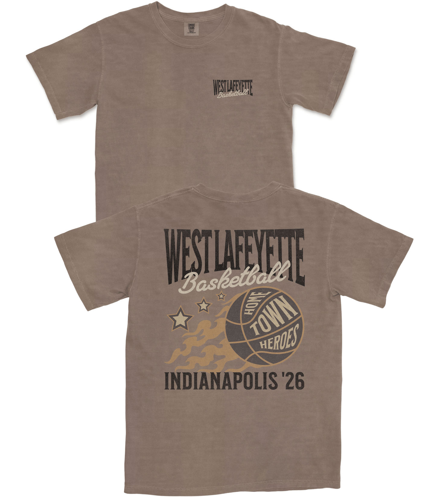 Brown t-shirt with 'West Lafayette Basketball' design on a white background