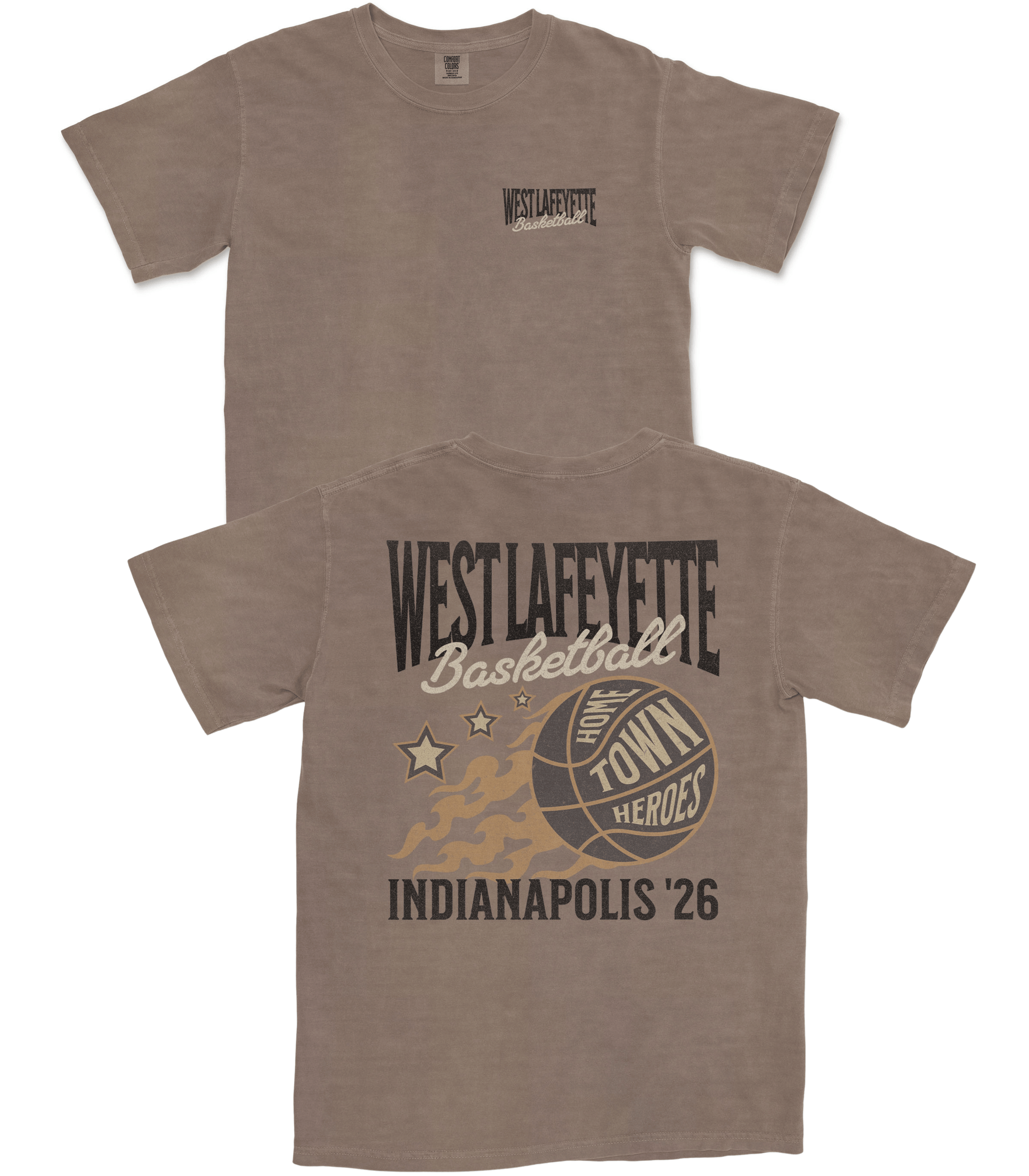 Brown t-shirt with 'West Lafayette Basketball' design on a white background