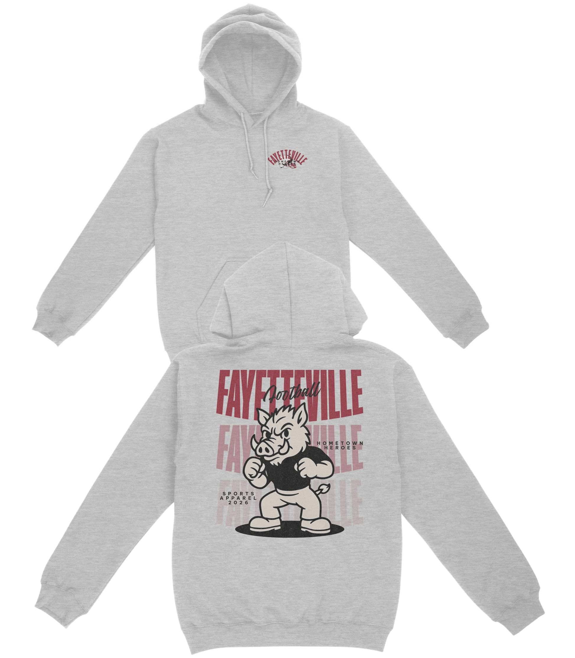 Gray hoodie with 'Fayetteville' and a cartoon character on a white background