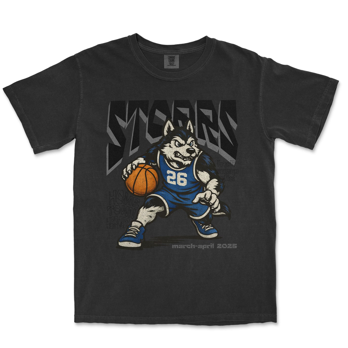Black t-shirt with a graphic of a husky holding a basketball and the word 'Slyters' on a white background.