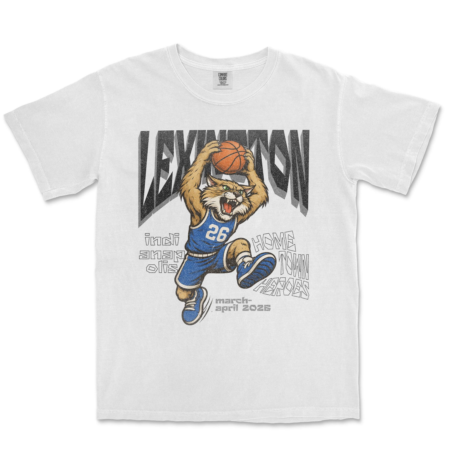 White t-shirt with a cartoon lion holding a basketball and text on a white background