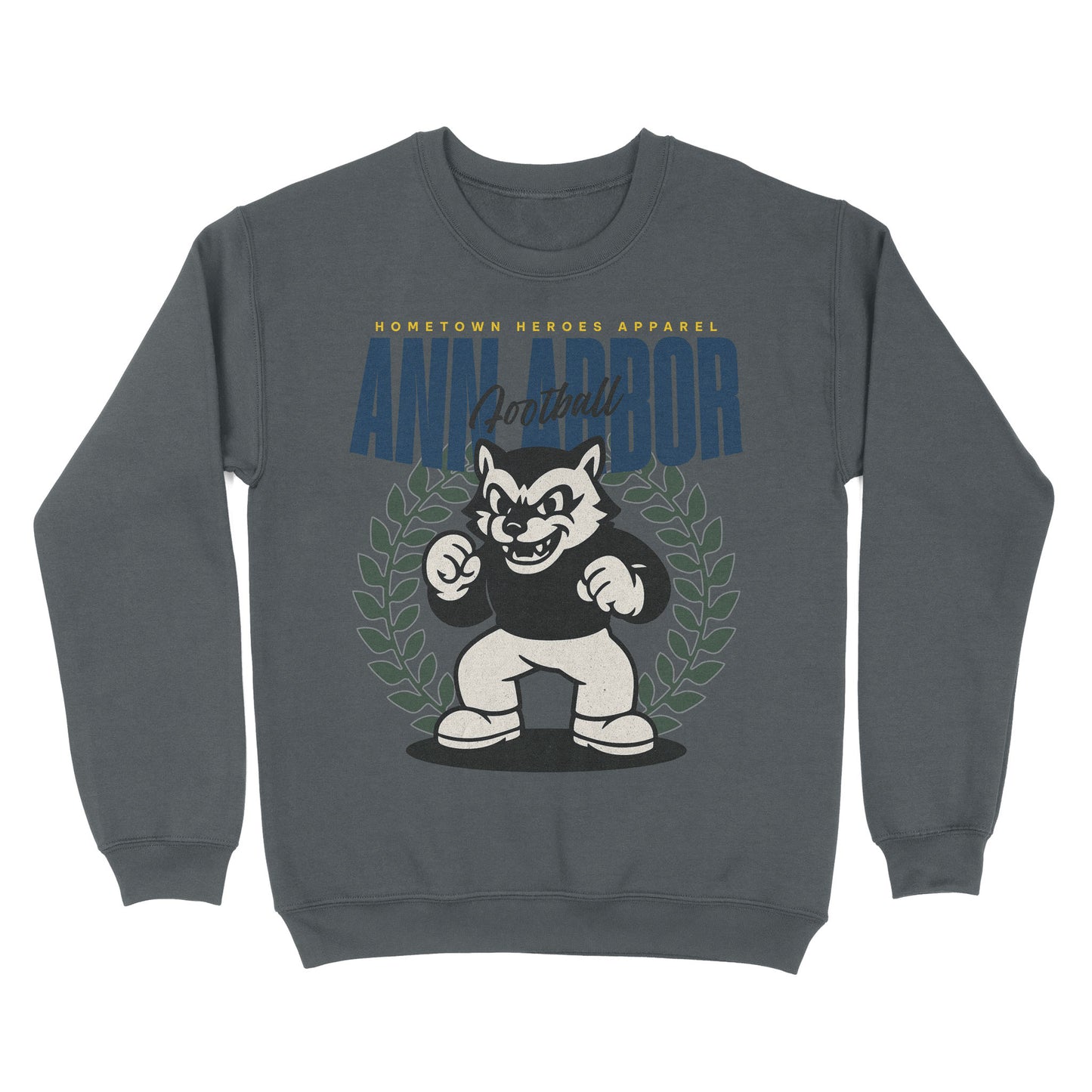 Gray sweatshirt with a graphic of a mascot and 'Ann Arbor' text on a white background