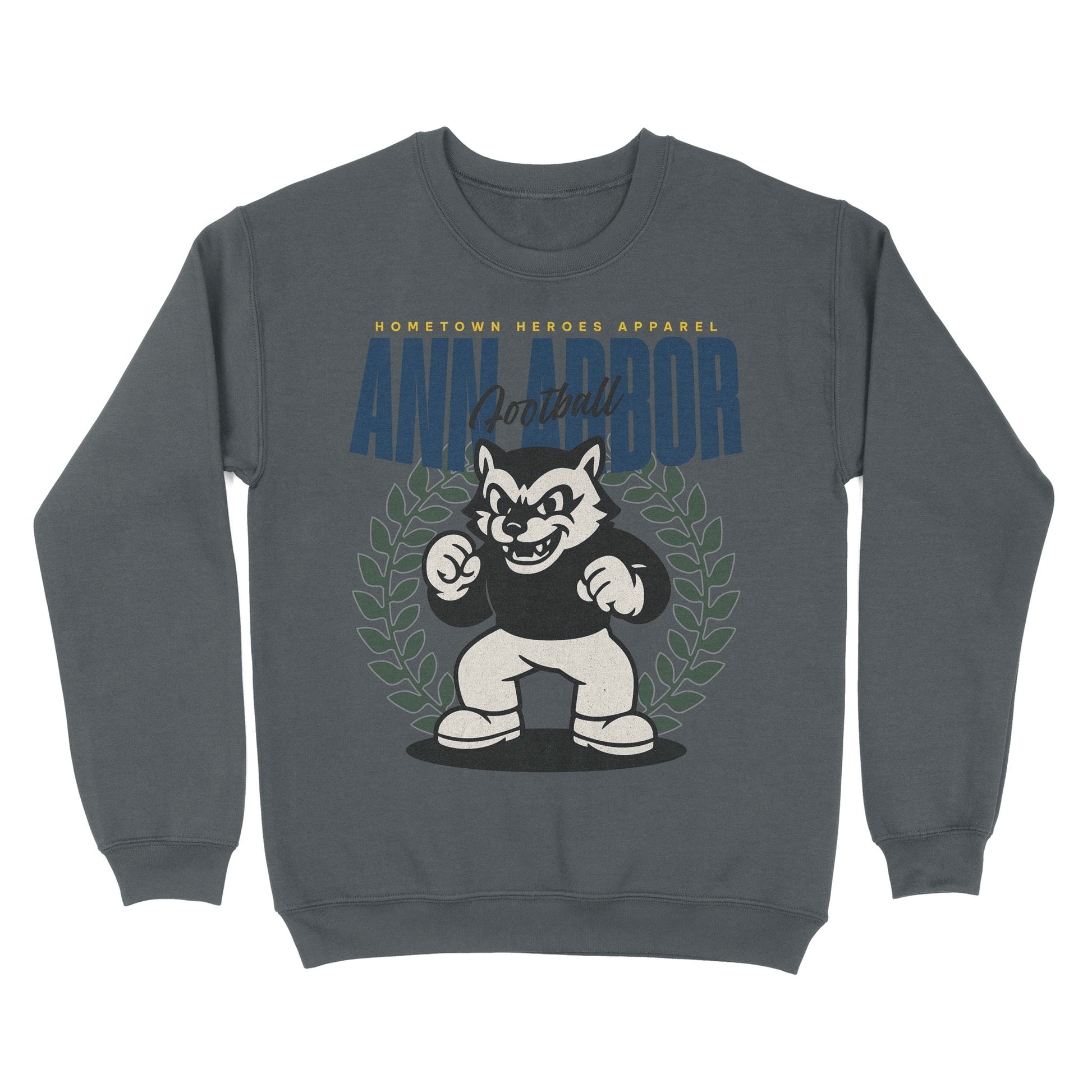 Gray sweatshirt with a graphic of a mascot and 'Ann Arbor' text on a white background