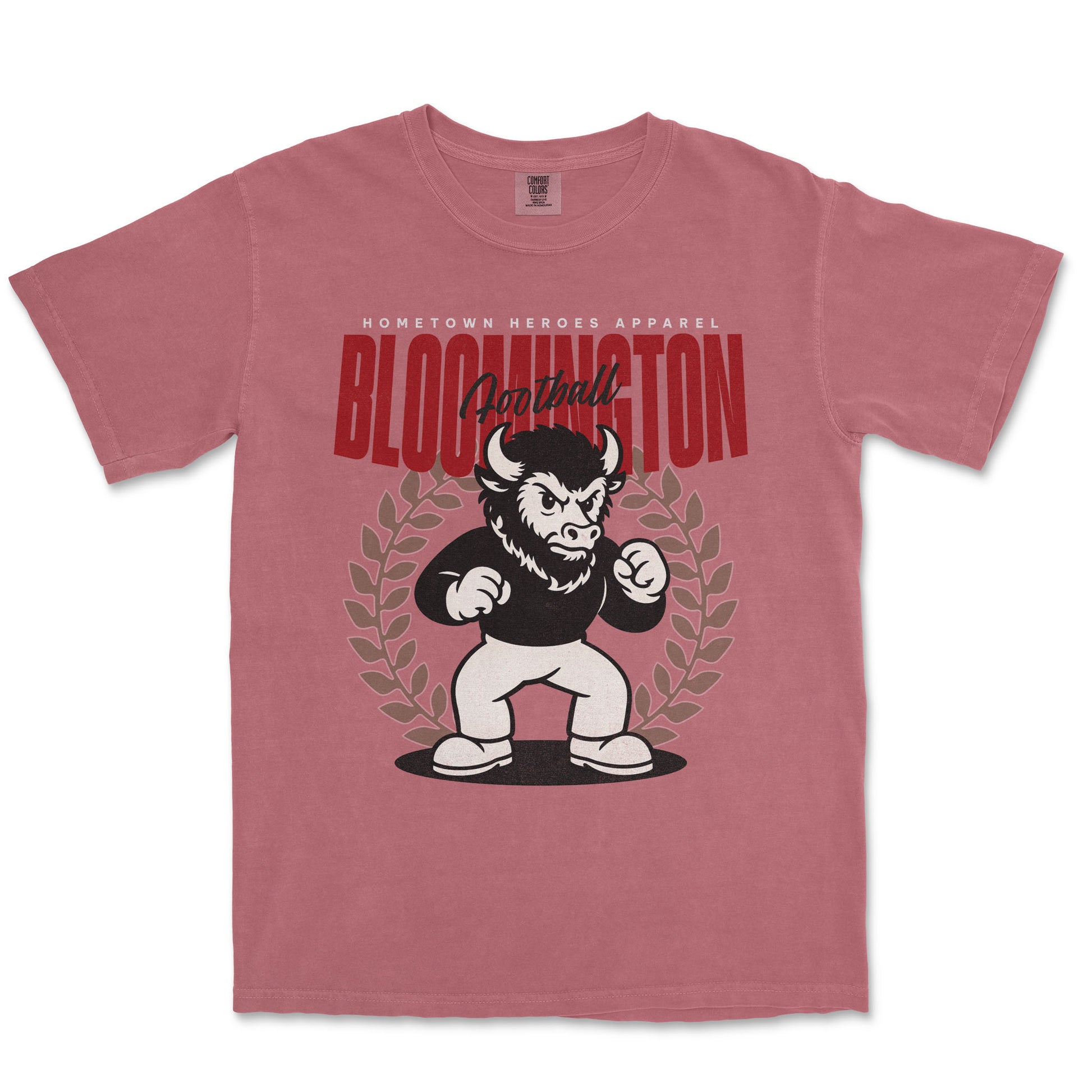 Pink t-shirt with a graphic of a bull and text on a white background