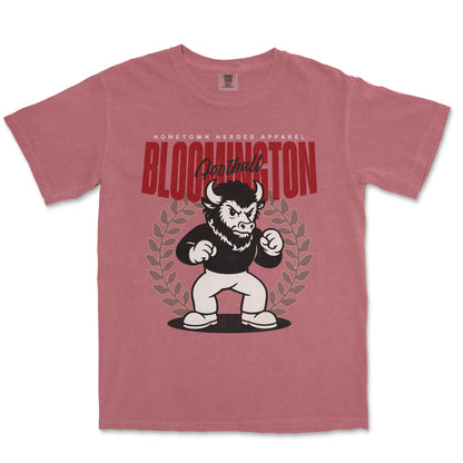 Pink t-shirt with a graphic of a bull and text on a white background