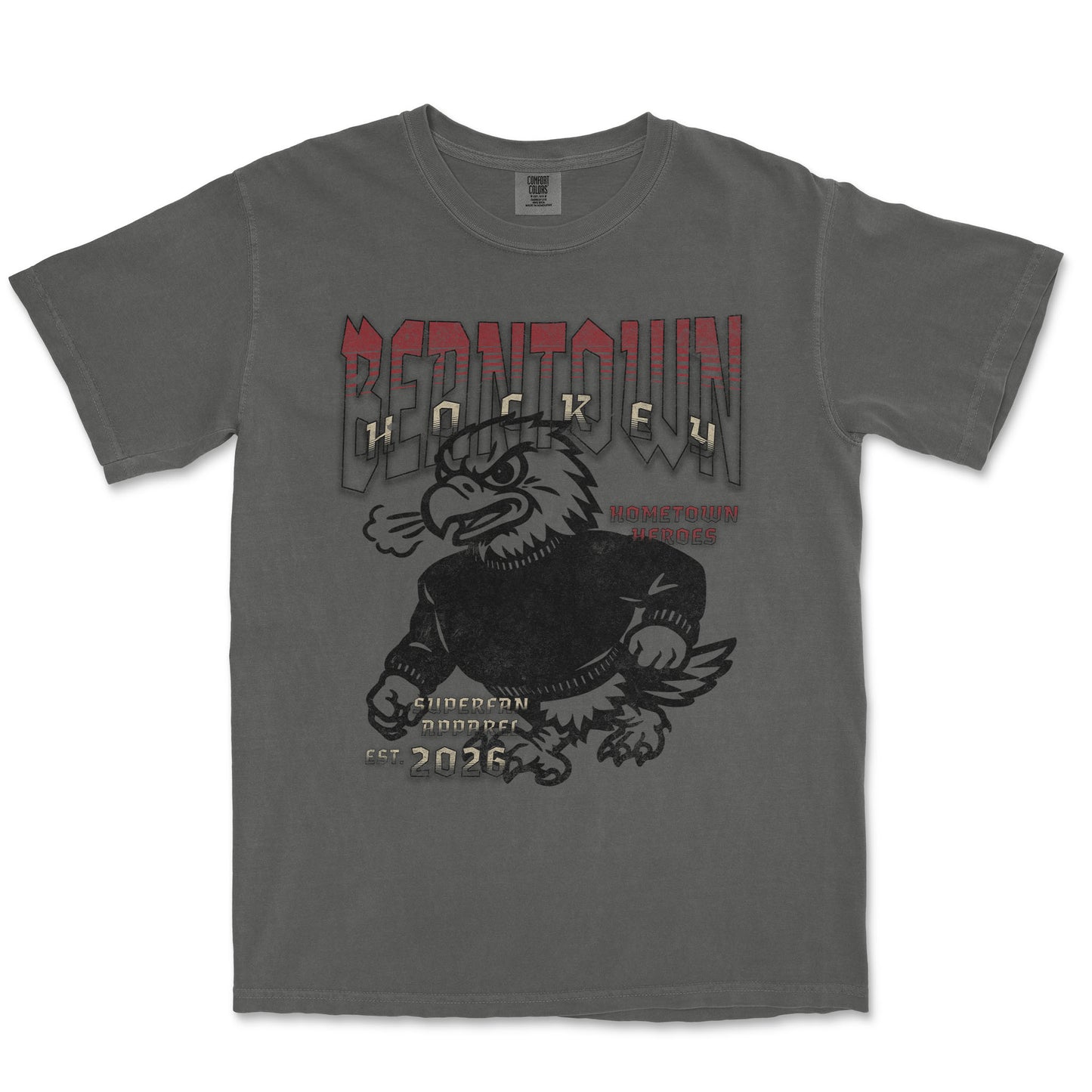 Gray t-shirt with an eagle graphic and text on a white background