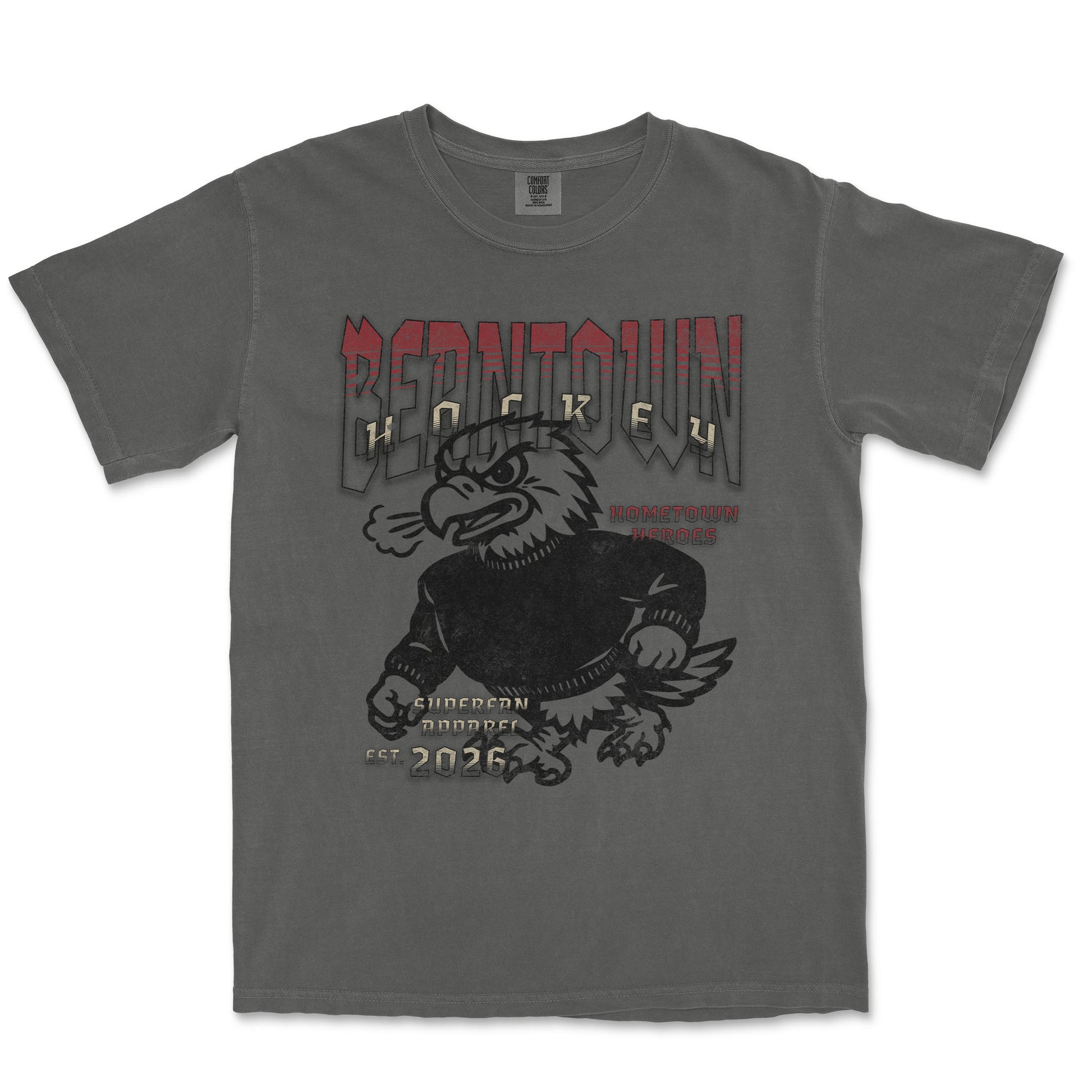 Gray t-shirt with an eagle graphic and text on a white background