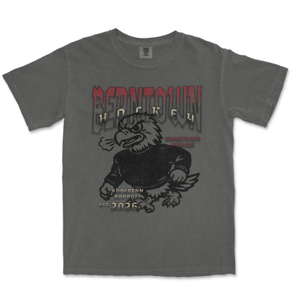 Gray t-shirt with an eagle graphic and text on a white background