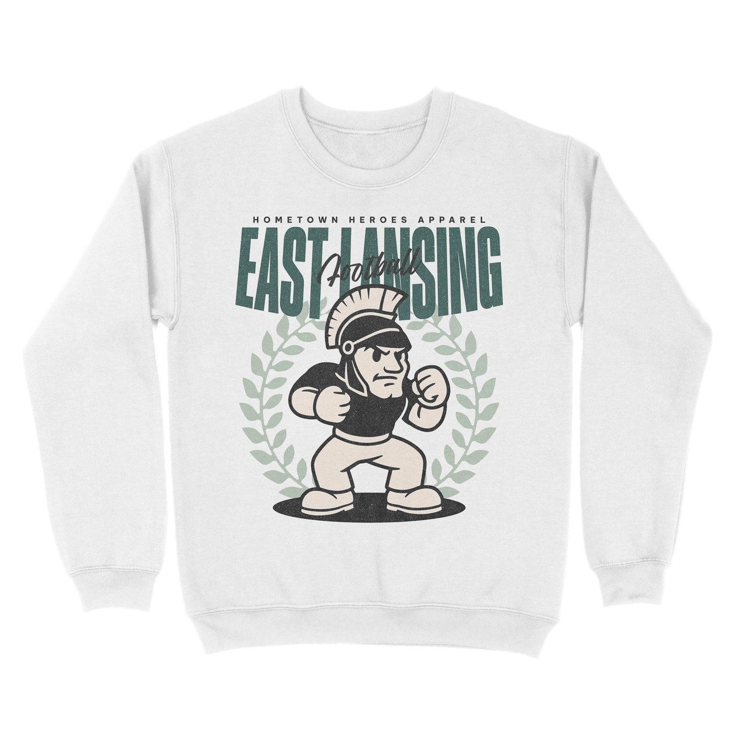 White sweatshirt with 'East Lansing' graphic design on a white background