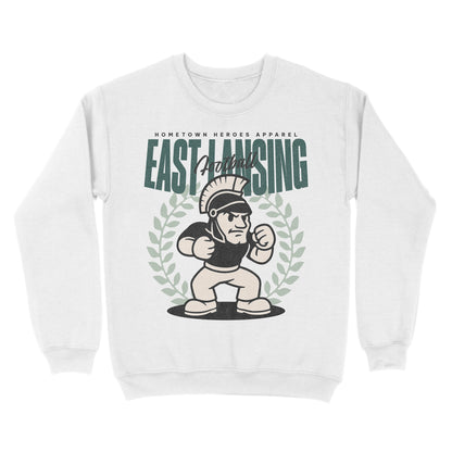 White sweatshirt with 'East Lansing' graphic design on a white background