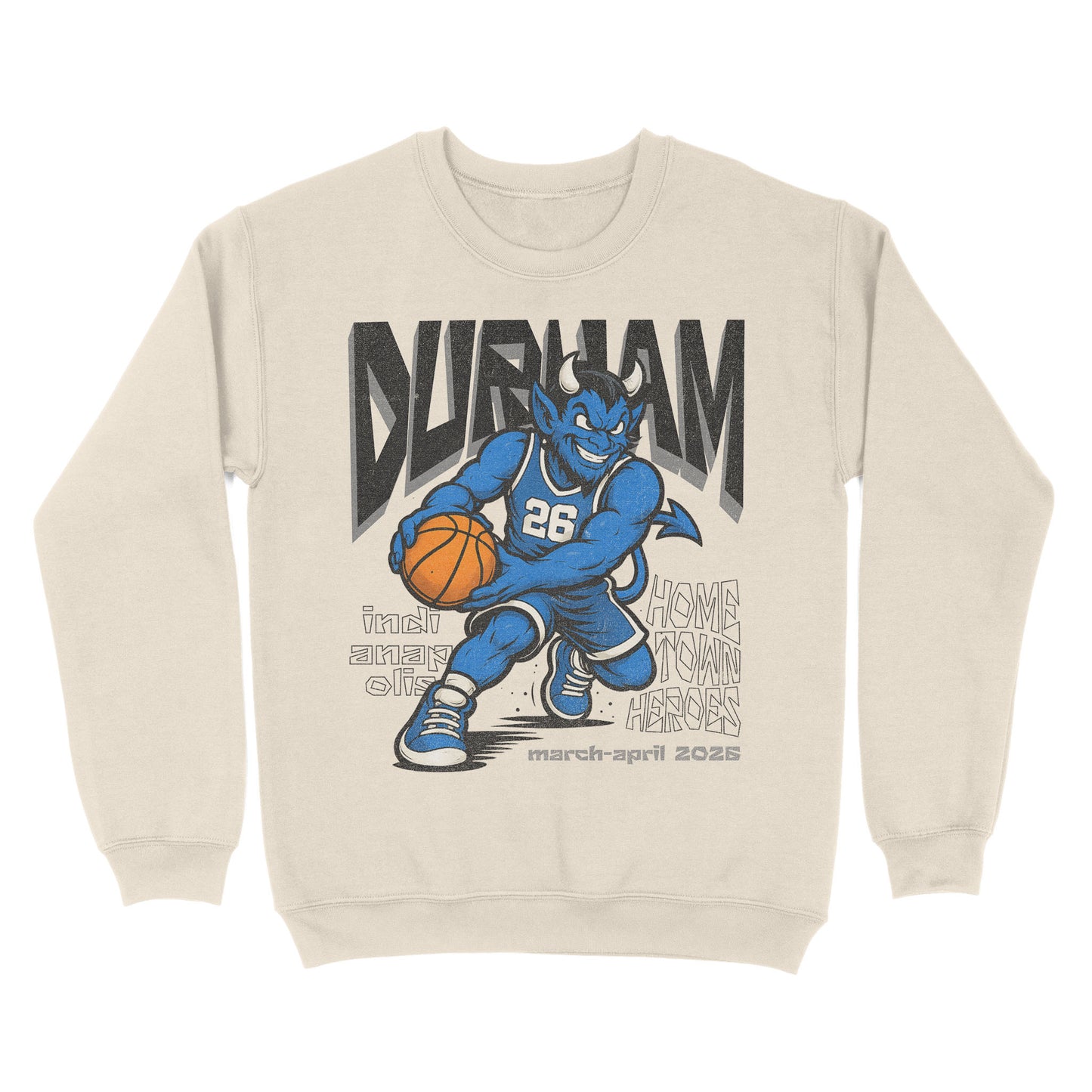 Beige sweatshirt with a graphic of a blue mascot holding a basketball and text on a white background