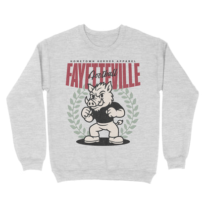 Gray sweatshirt with a graphic of a boar and text on a white background
