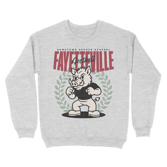 Gray sweatshirt with a graphic of a boar and text on a white background
