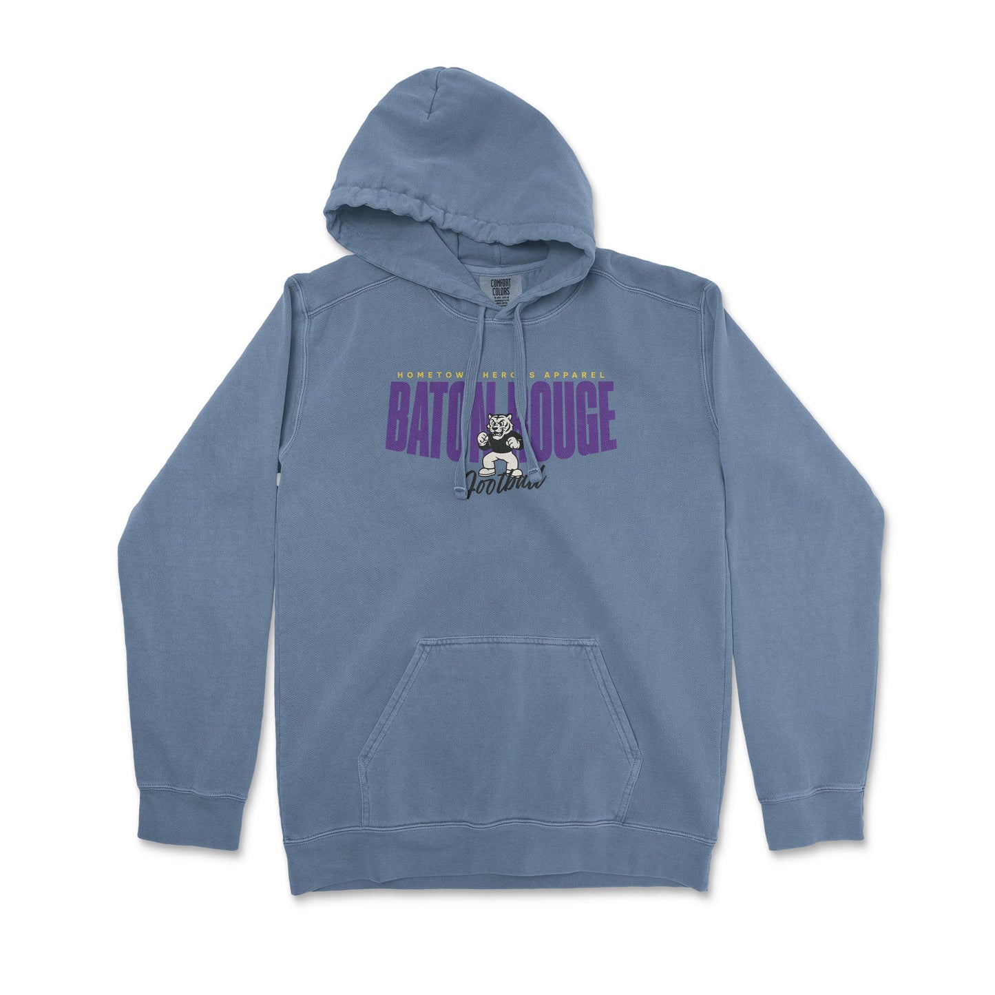 Blue hoodie with a graphic and text on a white background