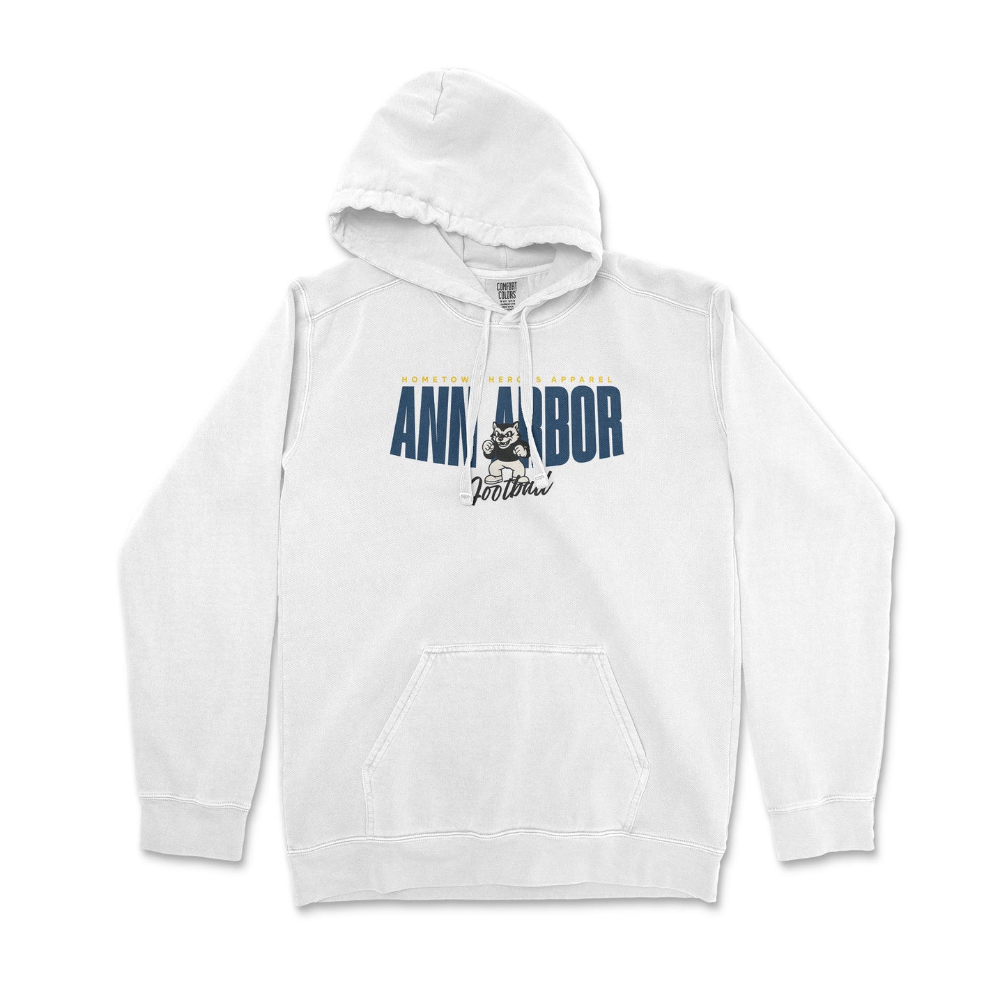 White hoodie with 'Ann Arbor Forever' text on a white background