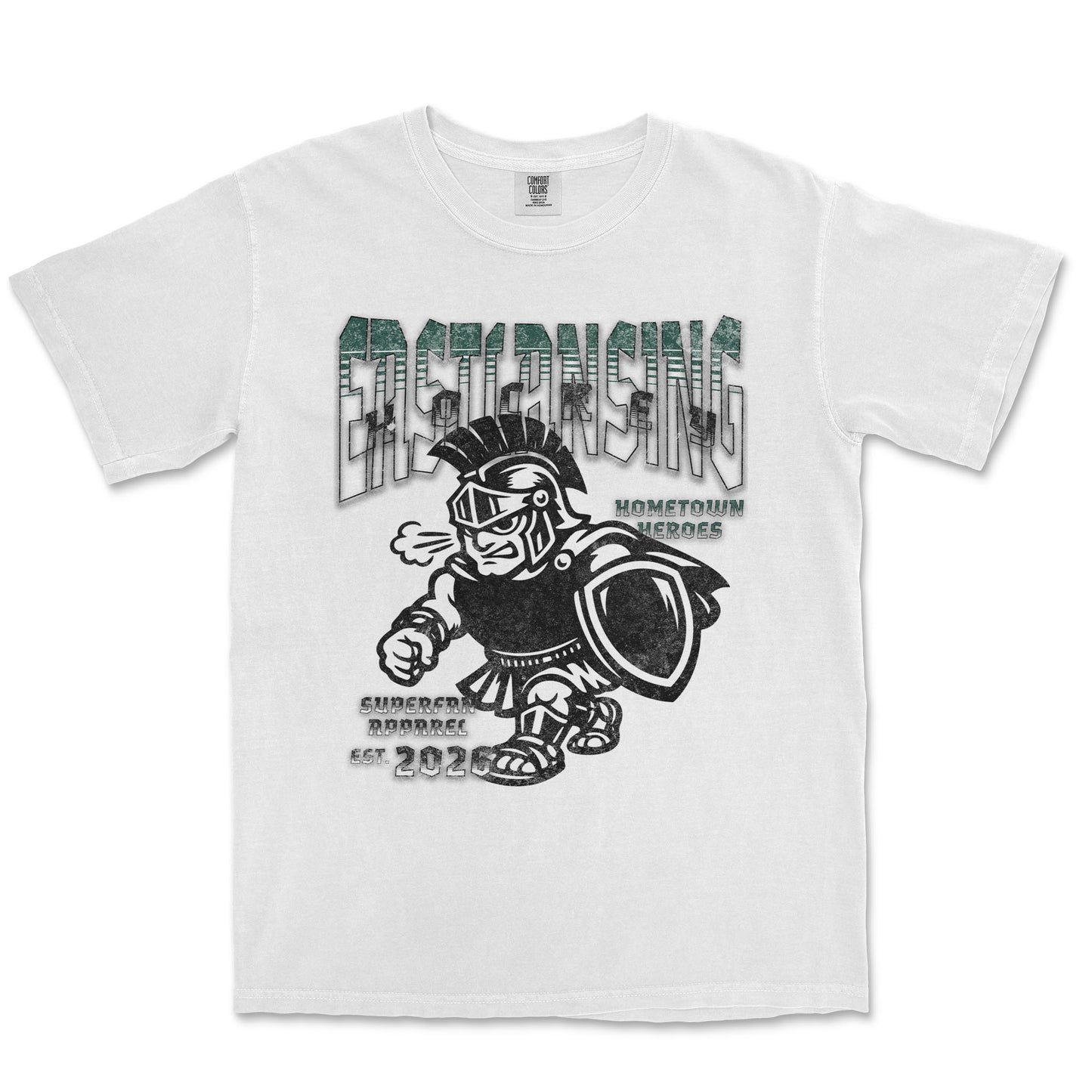 White t-shirt with black and green graphic design on a white background