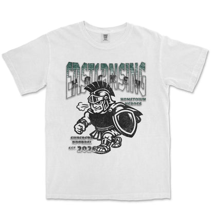 White t-shirt with black and green graphic design on a white background
