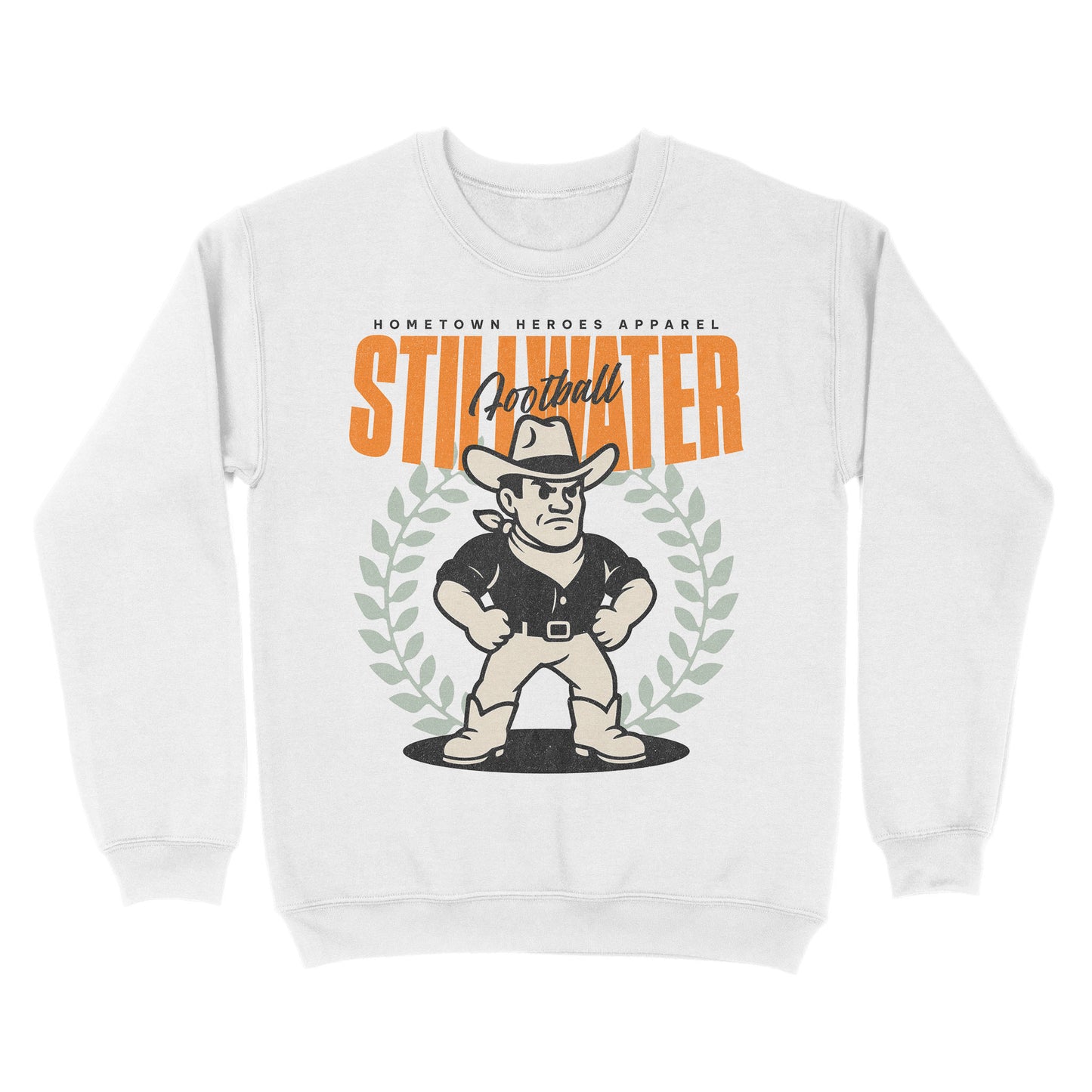White sweatshirt with a graphic design featuring a cowboy and text on a white background