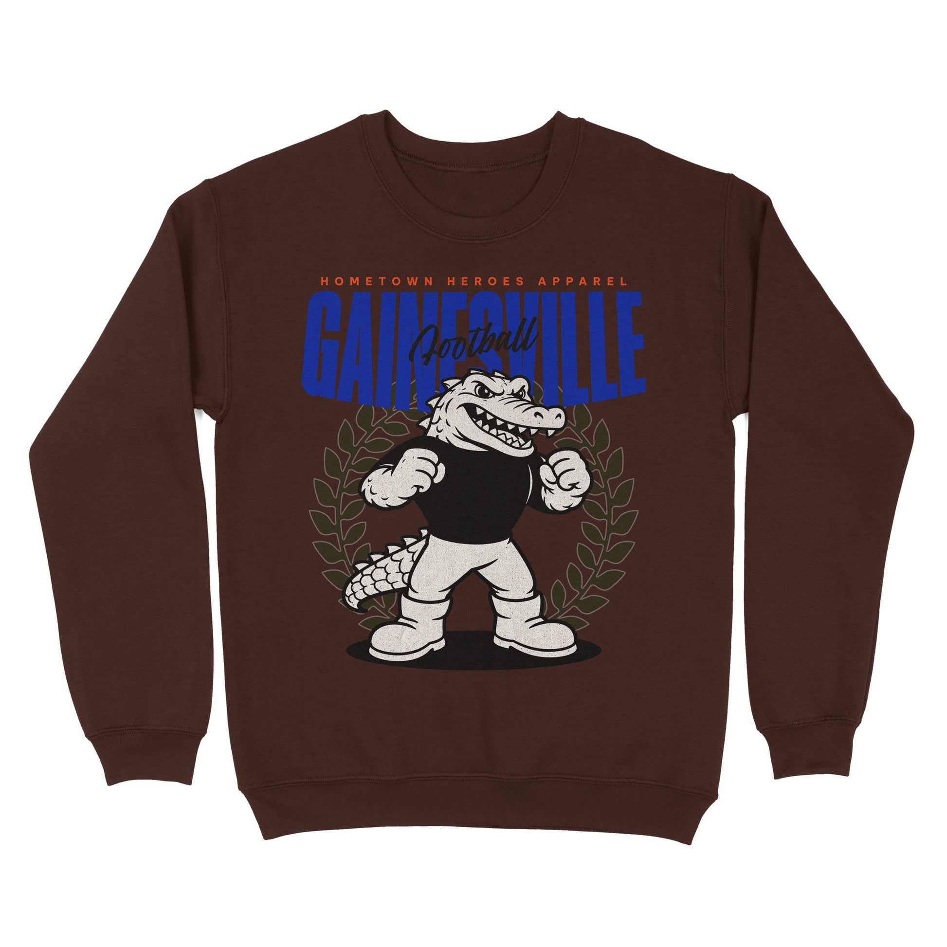 Brown sweatshirt with cartoon alligator and 'Gainesville' text on a white background