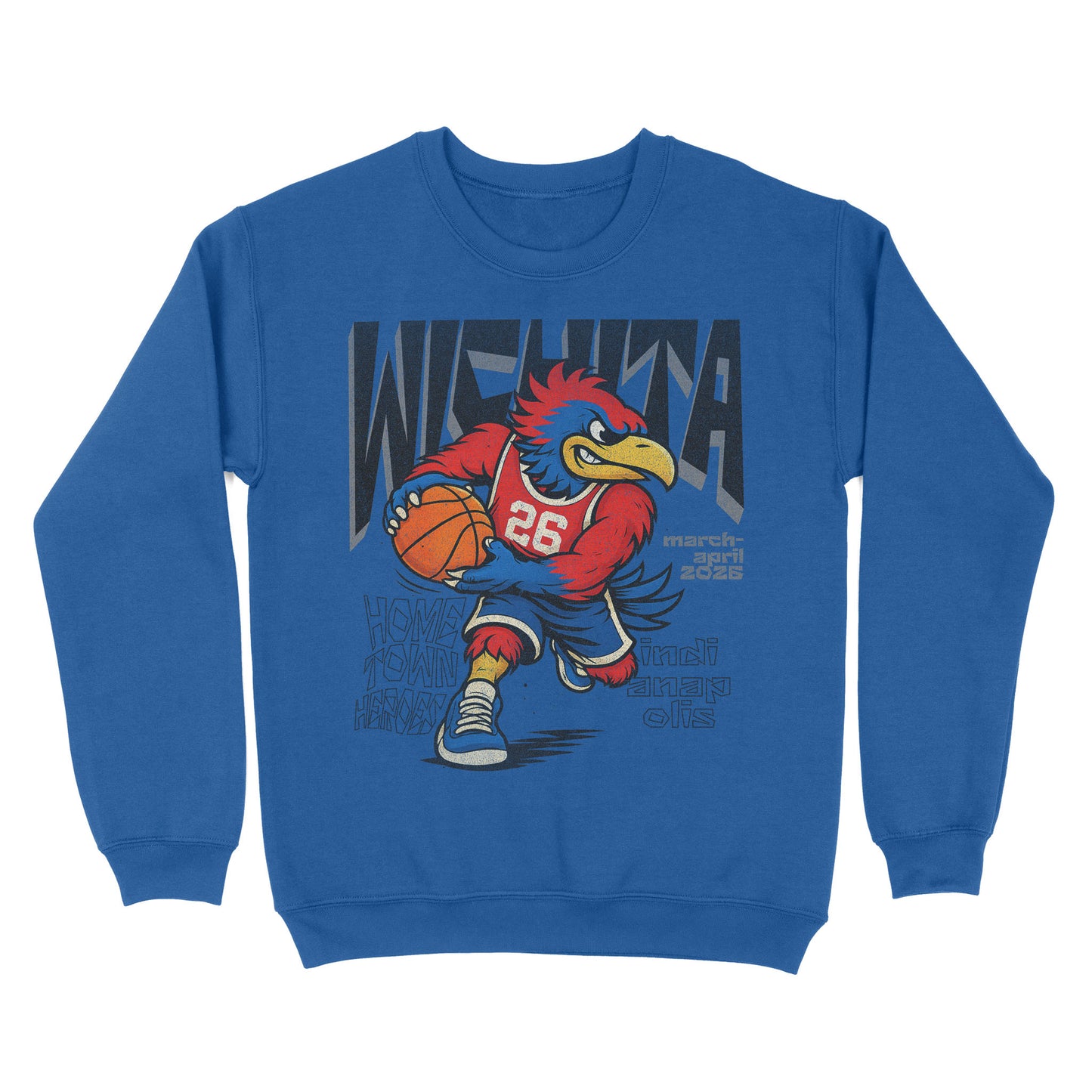 Blue sweatshirt with a cartoon eagle holding a basketball and text on a white background