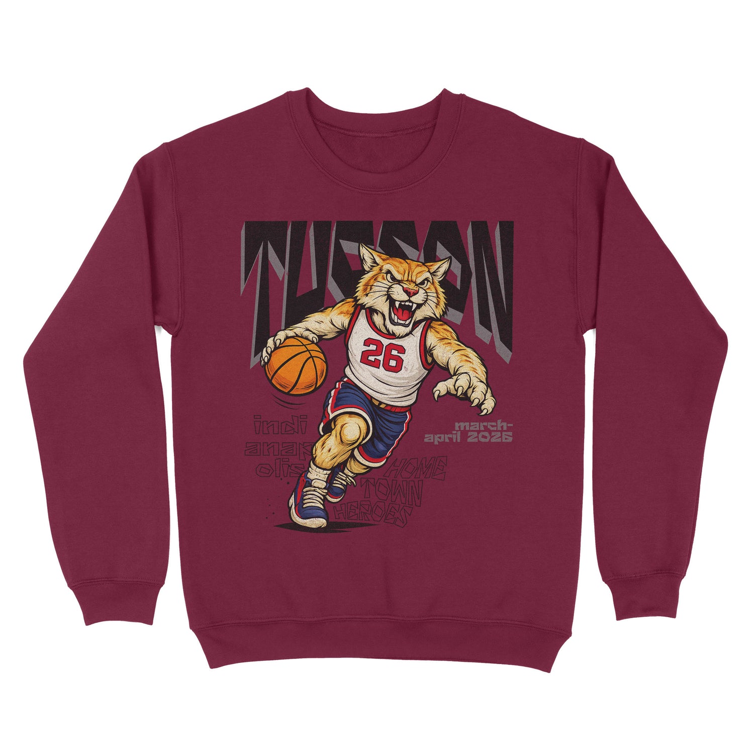 Maroon sweatshirt with a tiger basketball player graphic on a white background
