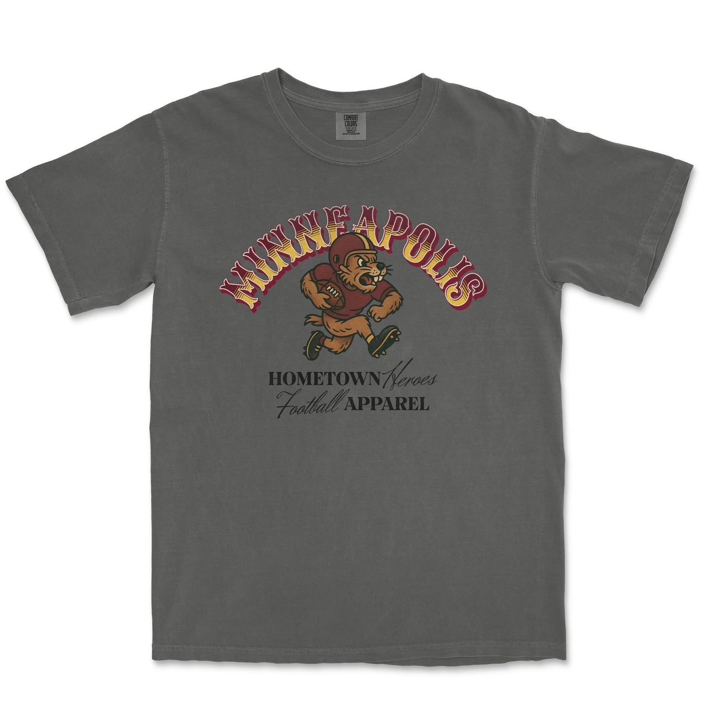 Gray t-shirt with 'Minneapolis' graphic design on a white background
