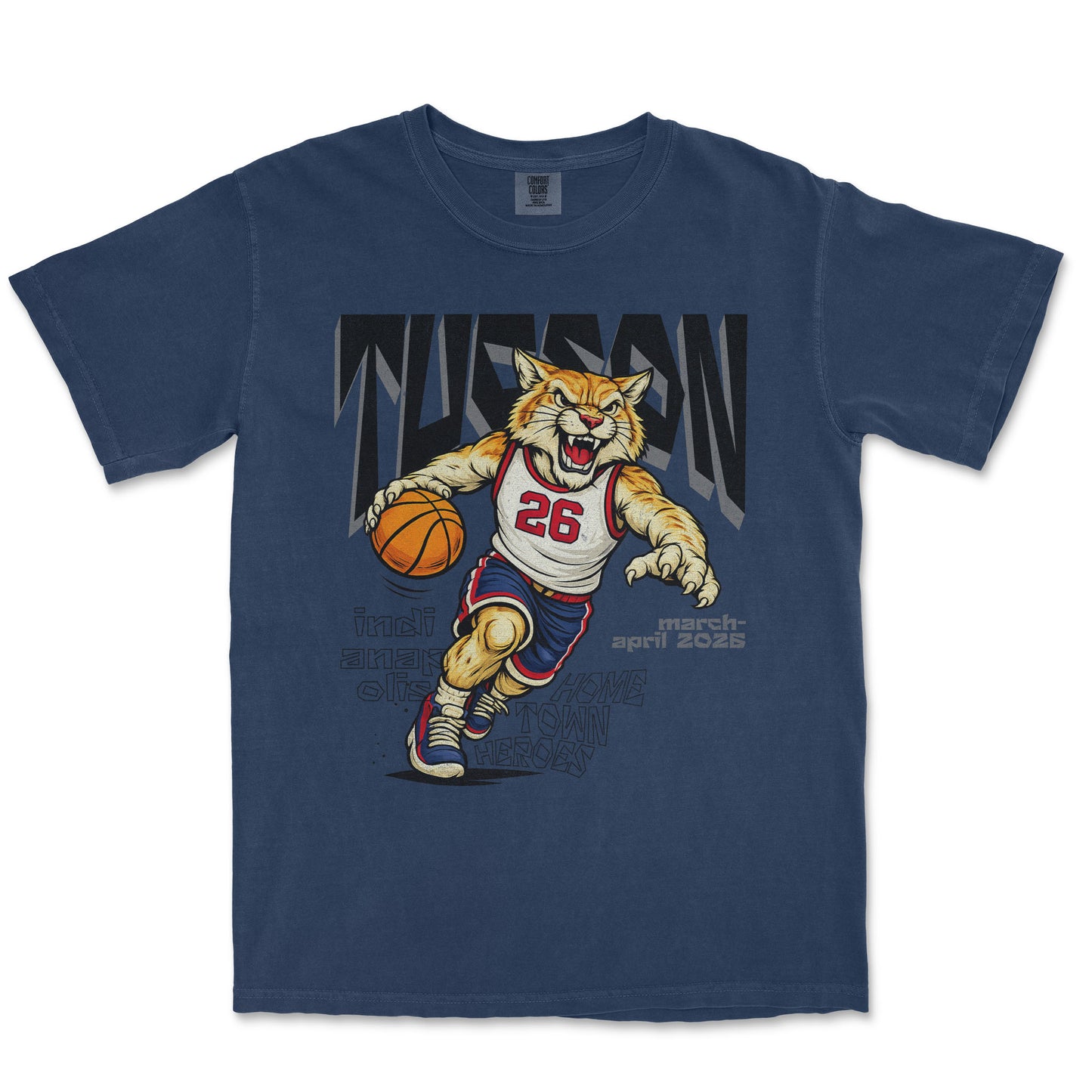 Navy blue t-shirt with a graphic of a tiger playing basketball on a white background