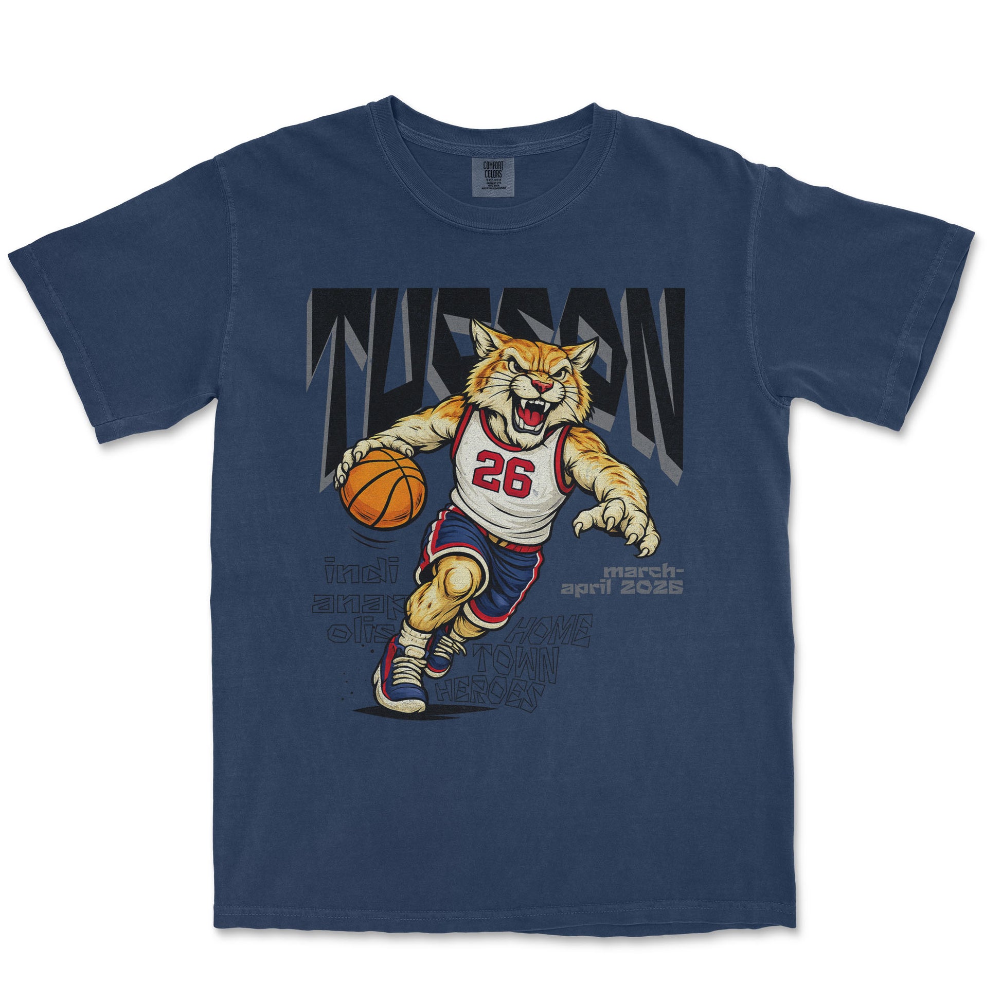 Navy blue t-shirt with a graphic of a tiger playing basketball on a white background