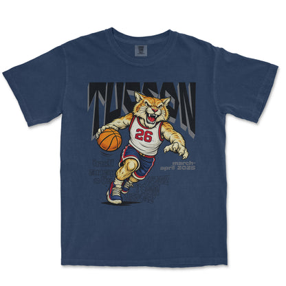 Navy blue t-shirt with a graphic of a tiger playing basketball on a white background