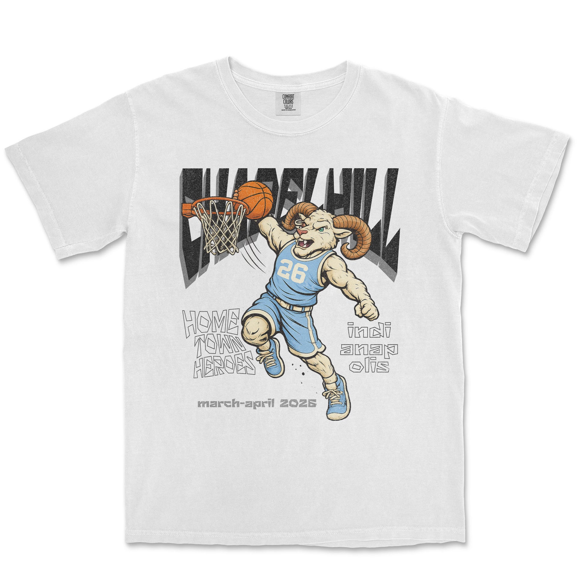 White t-shirt with a graphic of a ram playing basketball and text on a white background