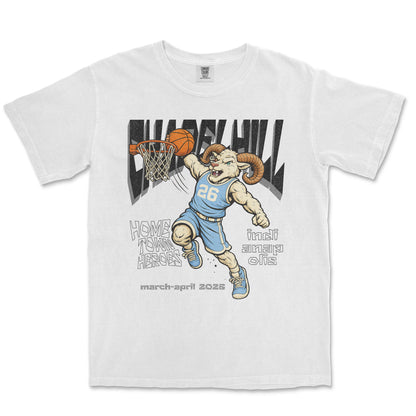 White t-shirt with a graphic of a ram playing basketball and text on a white background