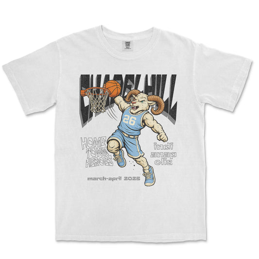 White t-shirt with a graphic of a ram playing basketball and text on a white background