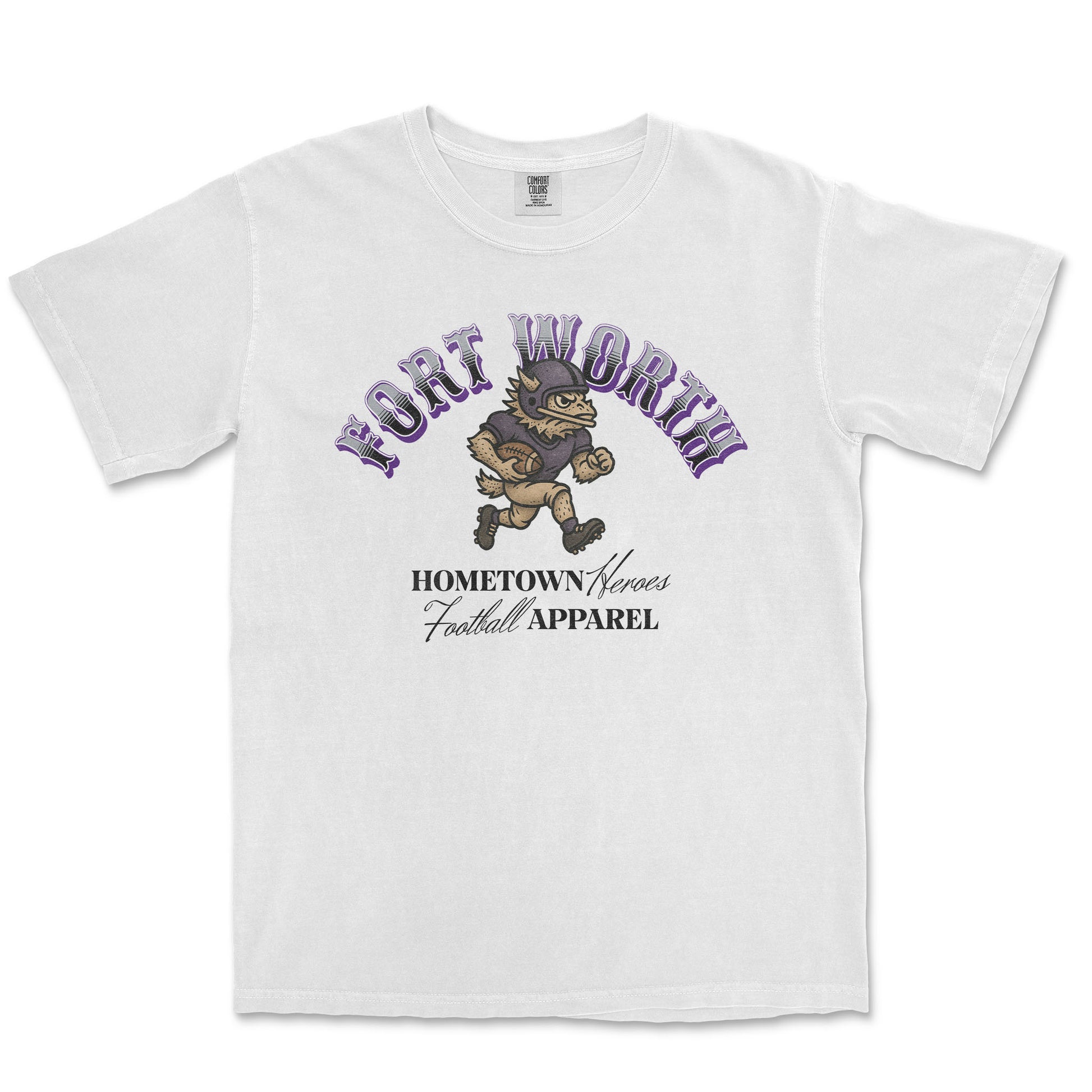 White t-shirt with 'Fort Worth Hometown Heroes Football Apparel' graphic on a white background