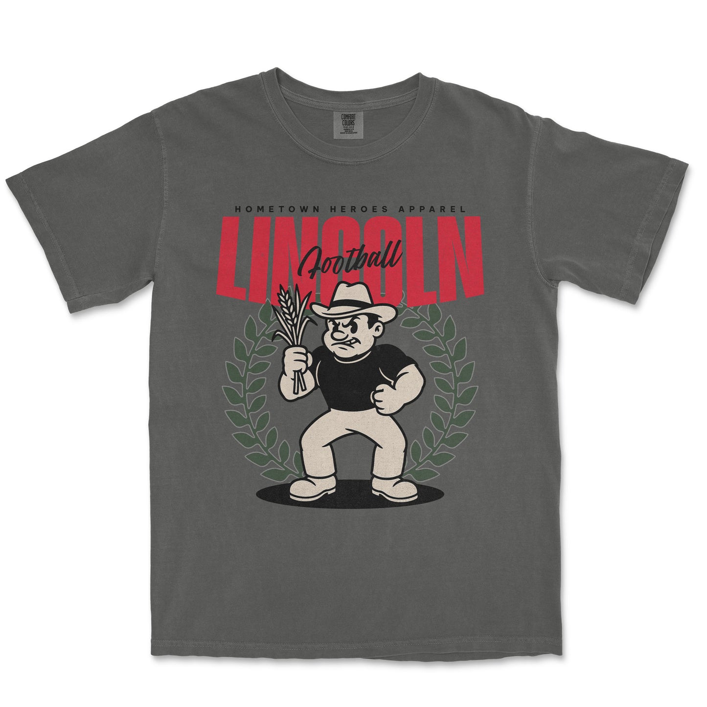 Gray t-shirt with cartoon character and 'Lincoln' text on a white background