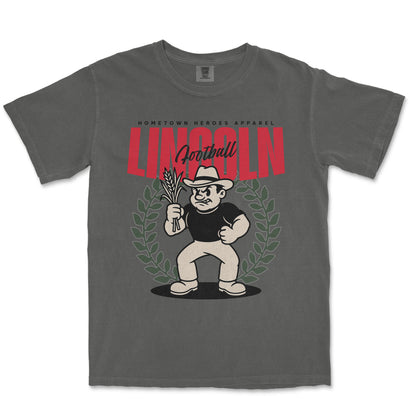Gray t-shirt with cartoon character and 'Lincoln' text on a white background