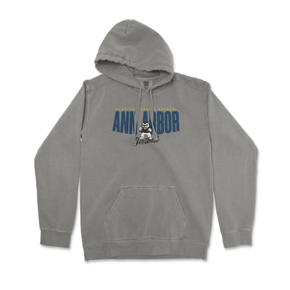 Gray hoodie with text and graphic on a white background