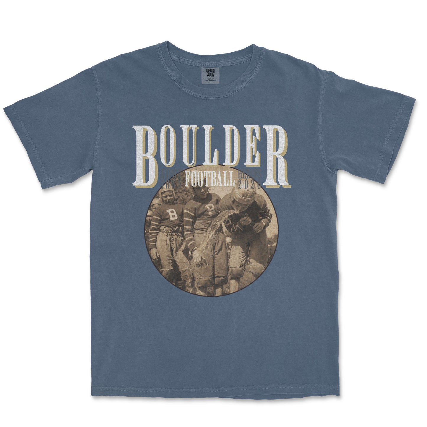 Blue t-shirt with 'Boulder Football' graphic on a white background