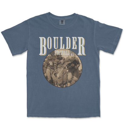 Blue t-shirt with 'Boulder Football' graphic on a white background