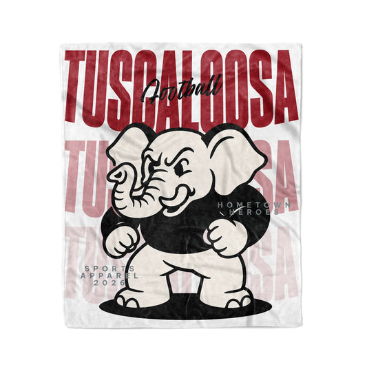 Fleece blanket with Tuscaloosa football design featuring an elephant and text.
