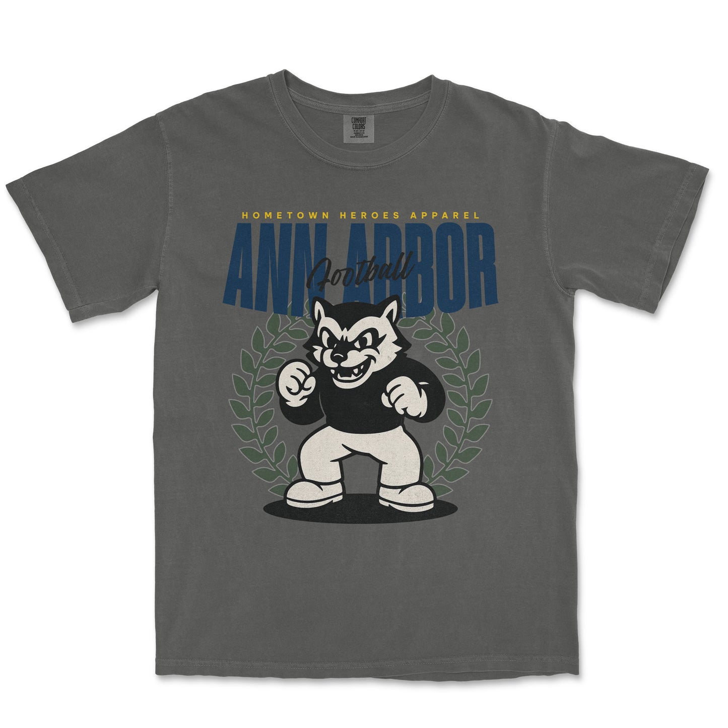 Gray t-shirt with a cartoon bulldog graphic and 'Ann Arbor' text on a white background