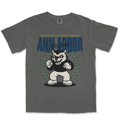 Gray t-shirt with a cartoon bulldog graphic and 'Ann Arbor' text on a white background