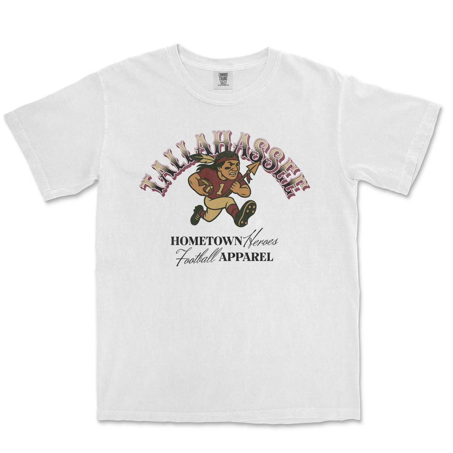 White t-shirt with a graphic of a football player and text on a white background