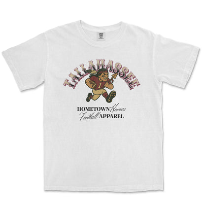 White t-shirt with a graphic of a football player and text on a white background