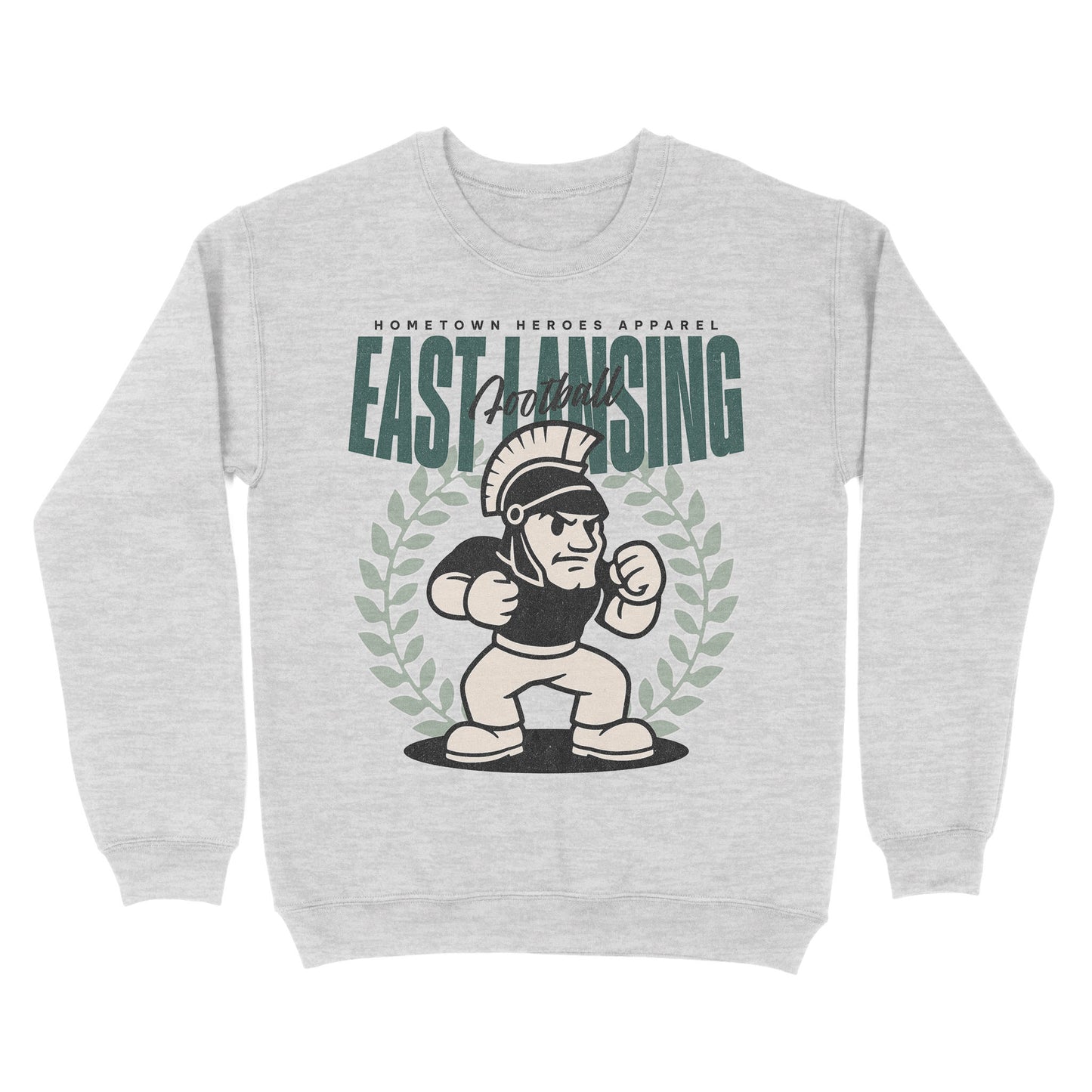 Gray sweatshirt with 'East Lansing' graphic design on a white background