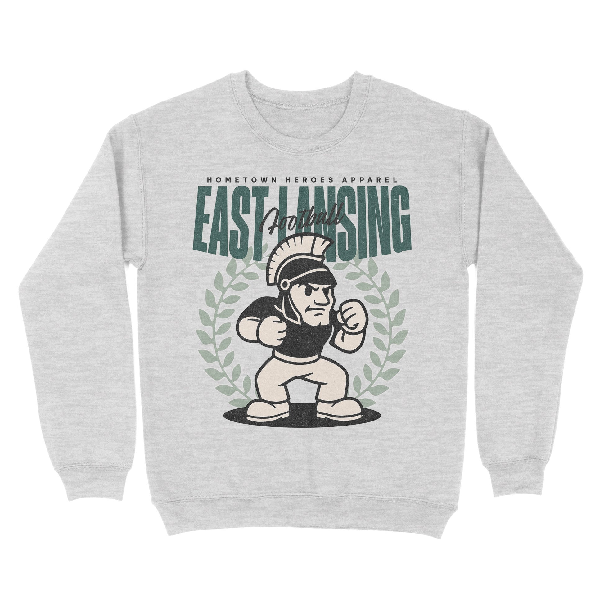 Gray sweatshirt with 'East Lansing' graphic design on a white background