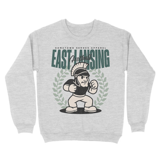 Gray sweatshirt with 'East Lansing' graphic design on a white background