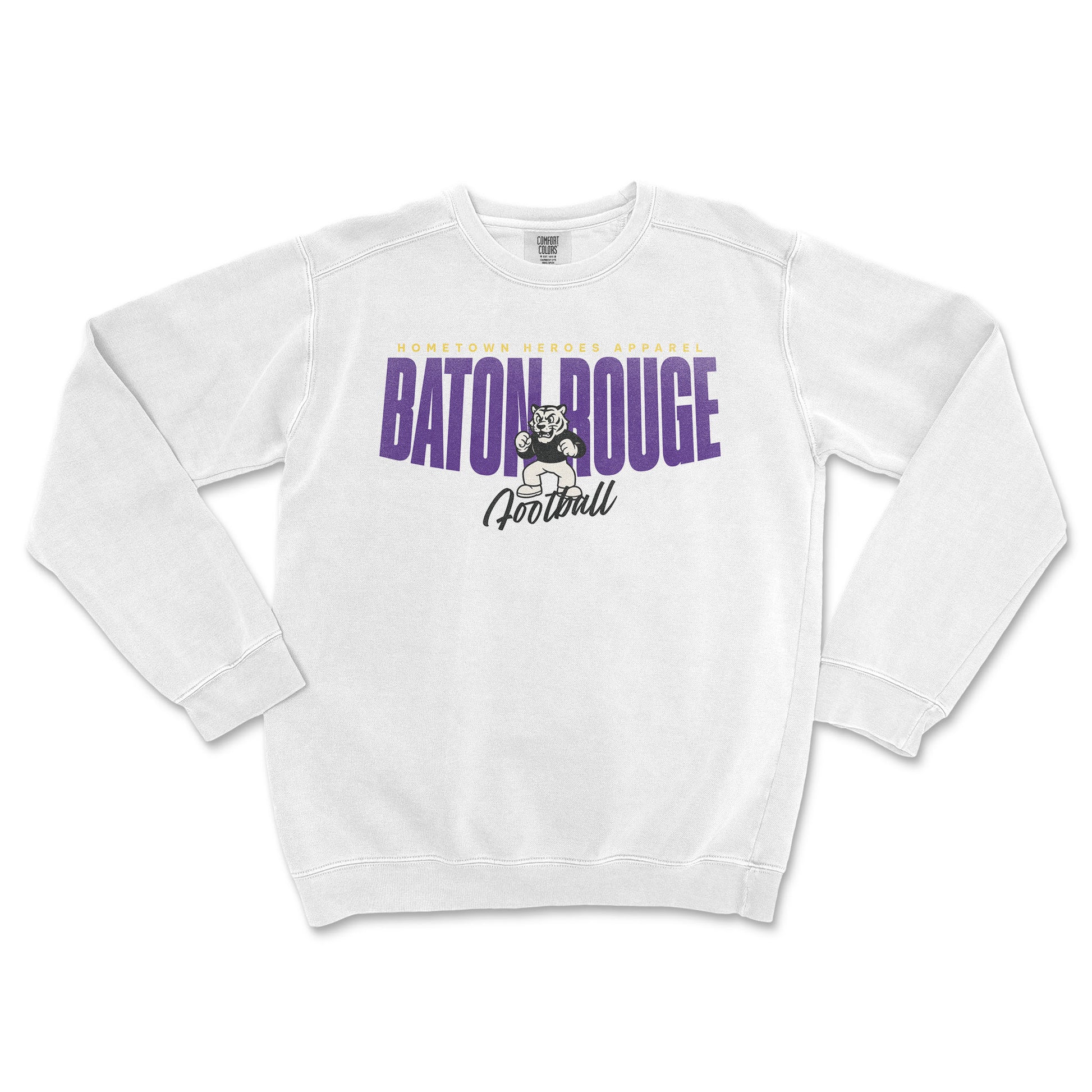 White sweatshirt with 'Baton Rouge Football' text and logo on a white background